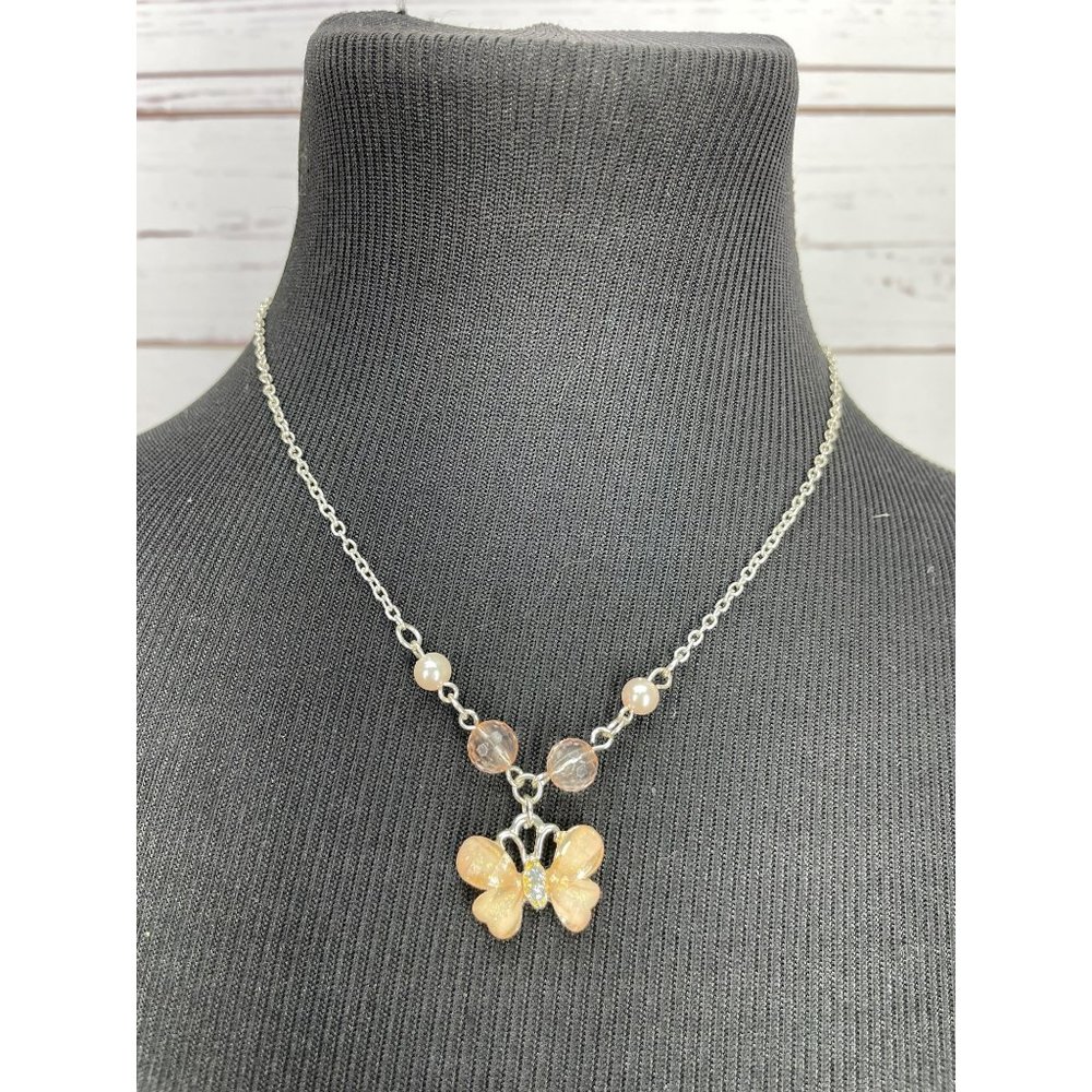 Clair's‎ Girls Peach Pink Glitter Butterfly Pendant Silver Fashion Necklace